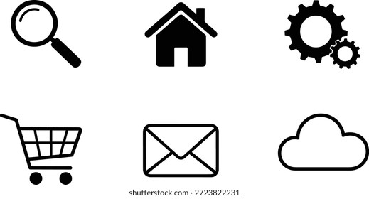 Conjunto de 6 iconos de silueta de Vector Paquete para negocios de diseño y Web lupa casa engranaje Carrito de compras email cloud