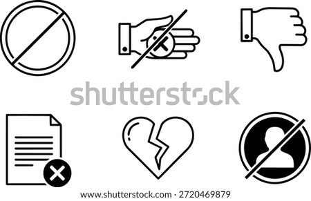 A set of 6 vector silhouette icons for design, featuring no, dislike, reject, delete, broken, and forbidden symbols in black and white.