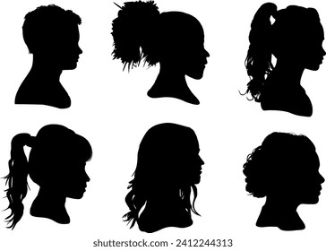 Set of 6 vector silhouettes - Modern female profiles - Trend style hairstyles and looks