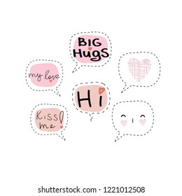 Set of 6 vector speech clouds with phrases for stickers, patches, bullet journal, scrapbooking, etc.