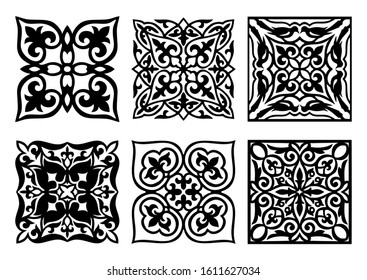 Set of 6 vector square elements and motifs of Kazakh, Kyrgiz, Uzbek, Turk national Islamic ornament for custom logo and print design. Black and white, isolated. Stock illustration.