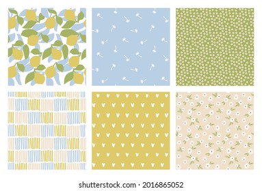 Set of 6 vector summer patterns. Pastel color tones of blues, greens and yellows. Lemons, dandelions, flowers and hearts.