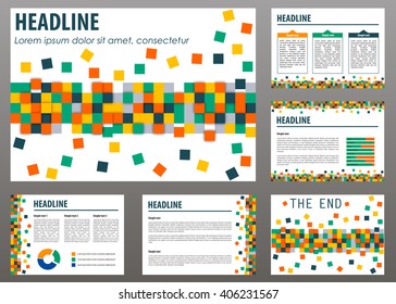 Set of 6 vector templates for presentation slides Powerpoint. Visualization layout. Annual report. Squares background.