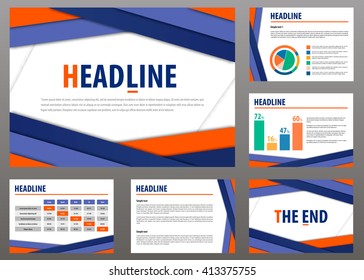 Set of 6 vector templates for presentation slides. Visualization layout Powerpoint. Annual report. Blue orange