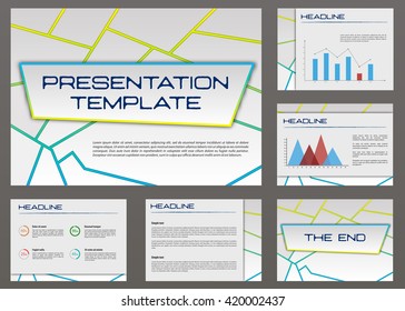 Set of 6 vector templates for presentation slides Powerpoint . Visualization layout Powerpoint background ux ui spreadsheet . Horizontal annual report . blue, gray and yellow