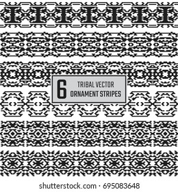 Set of 6 vector tribal stripes. Textile ethnic seamless ornaments. Decoration borders.