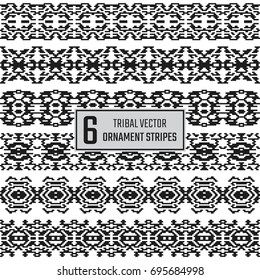 Set of 6 vector tribal stripes. Textile ethnic seamless ornaments. Decoration borders.