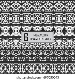 Set of 6 vector tribal stripes. Textile ethnic seamless ornaments. Decoration borders collection.