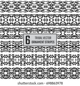 Set of 6 vector tribal stripes. Textile ethnic seamless ornaments. Decoration borders collection.