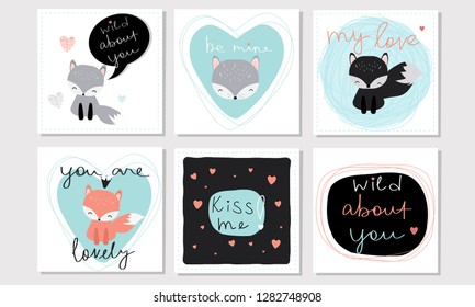 Set of 6 vector Valentine's Day inspired cards with cute kawaii cartoon fox and lettering. Perfect for greeting cards, gift tags, stickers, etc.