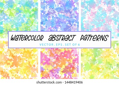 Set of 6 vector watercolor patterns in vivid colours.  Artistic shapes are perfect design for fashion, fabric, wrapping paper, textile, scrapbooking paper.