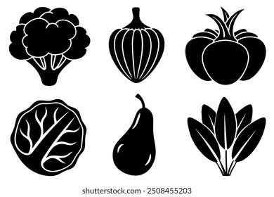 set of 6 vegetable food silhouette vector illustration