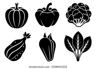 set of 6 vegetable food silhouette vector illustration