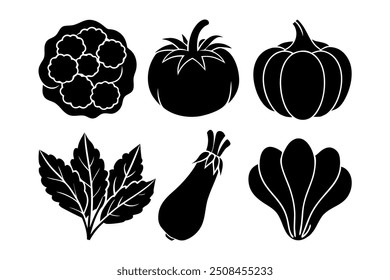 set of 6 vegetable food silhouette vector illustration