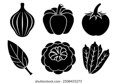 set of 6 vegetable food silhouette vector illustration