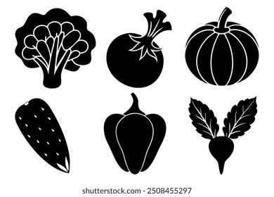 set of 6 vegetable food silhouette vector illustration