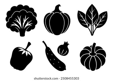 set of 6 vegetable food silhouette vector illustration