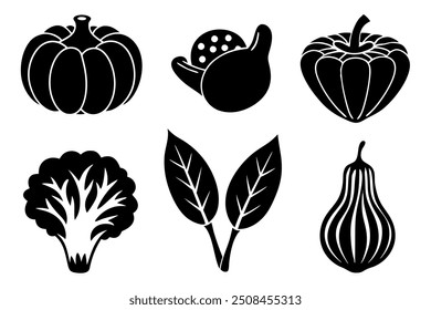 set of 6 vegetable food silhouette vector illustration