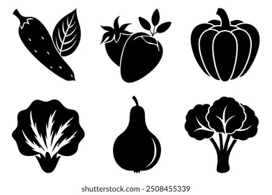 set of 6 vegetable food silhouette vector illustration