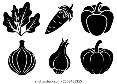 set of 6 vegetable food silhouette vector illustration