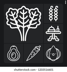 Set of 6 vegetable outline icons such as avocado, spinach, chili pepper, dinner table, onion