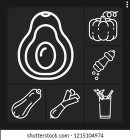 Set of 6 vegetable outline icons such as bloody mary, pumpkin, avocado, onion, butternut squash