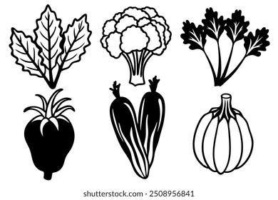 Set 6 Gemüse Silhouette mit weißem Hintergrund