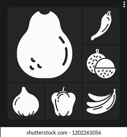 Set of 6 vegetarian filled icons such as bananas, pepper, lychee, avocado, bell pepper