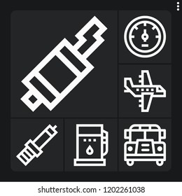 Set Of 6 Vehicle Outline Icons Such As Exhaust Pipe, Fuel, School Bus, Spark Plug, Aeroplane