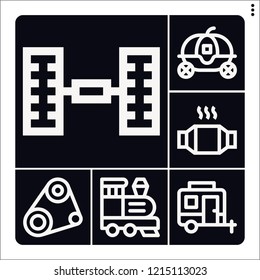 Set of 6 vehicle outline icons such as timing belt, catalytic converter, train, caravan, cinderella carriage