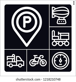 Set of 6 vehicle outline icons such as zeppelin, tachometer, bike, delivery truck, all terrain