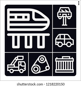 Set of 6 vehicle outline icons such as high speed train, timing belt, radiator, car repair