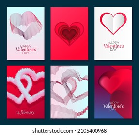 Conjunto de 6 tarjetas verticales de felicitación de día 3d de San Valentín. Imágenes volumétricas de los corazones. Ilustración vectorial.