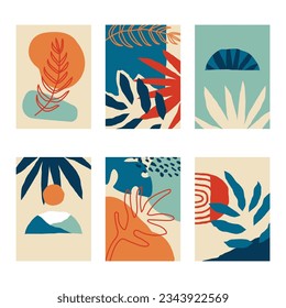 Set of 6 vertical abstract backgrounds or card templates in modern colors, in popular art style