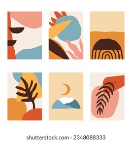 Set of 6 vertical abstract backgrounds or card templates in modern colors, vector illustration in popular art style