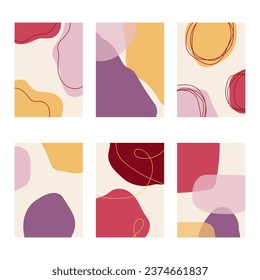 Set of 6 vertical abstract backgrounds or card templates in modern colors, vector illustration in popular art style