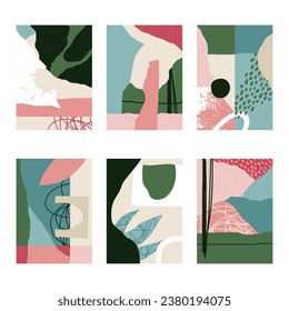 Set of 6 vertical abstract backgrounds or card templates in modern colors, vector illustration in popular art style