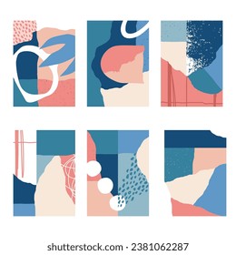 Set of 6 vertical abstract backgrounds or card templates in modern colors, vector illustration in popular art style