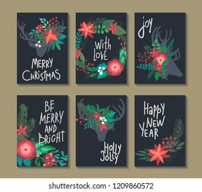 Set of 6 vertical winter holidays greeting cards with floral Christmas wreaths, bouquets and phrases. Holiday vector collection.