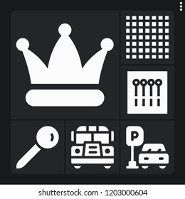 Set of 6 view filled icons such as hat, school bus, parking, tablecloth, pin