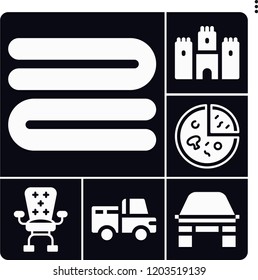 Set of 6 view filled icons such as castle, pizza, desk, towel, pickup truck