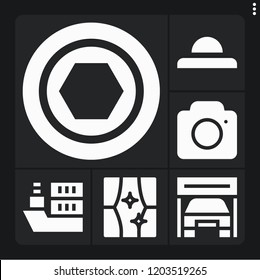 Set of 6 view filled icons such as boat, window, camera, nut, garage