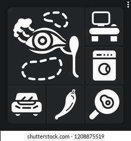 Set of 6 view filled icons such as eye, pepper, washing machine, car, desk