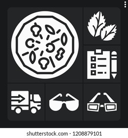 Set of 6 view filled icons such as d glasses, basil, pizza, lorry, notepad