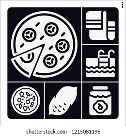 Set of 6 view filled icons such as potato, pizza, jam, towel