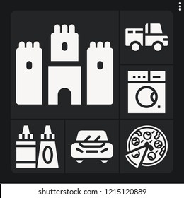 Set of 6 view filled icons such as castle, pizza, pickup truck, car, sauce