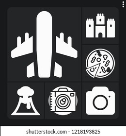 Set of 6 view filled icons such as castle, photo camera, pizza, aeroplane, volcano