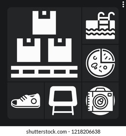 Set of 6 view filled icons such as photo camera, pizza, sneaker, box, table