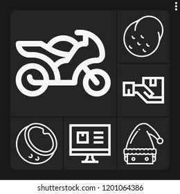 Set of 6 view outline icons such as santa hat, potato, coconut, computer, motorcycle