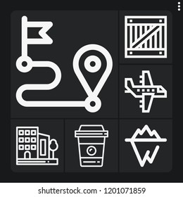 Set of 6 view outline icons such as glaciers, coffee cup, buildings, box, aeroplane